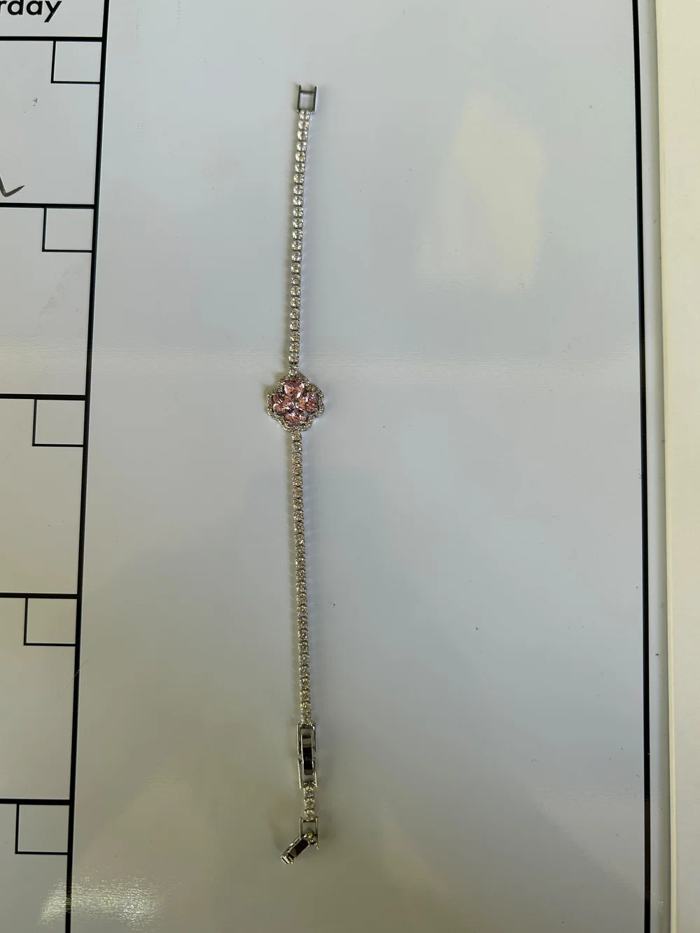 Silver Tennis Bracelet with Pink Flower Crystal Accent